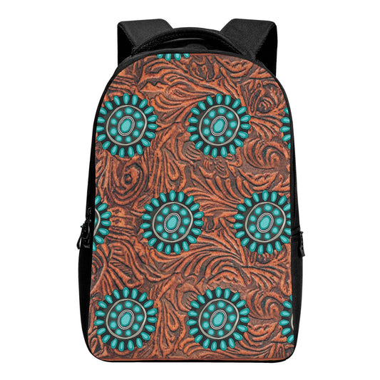 Tooled Leather and Turquoise Concho Printed Laptop Backpack