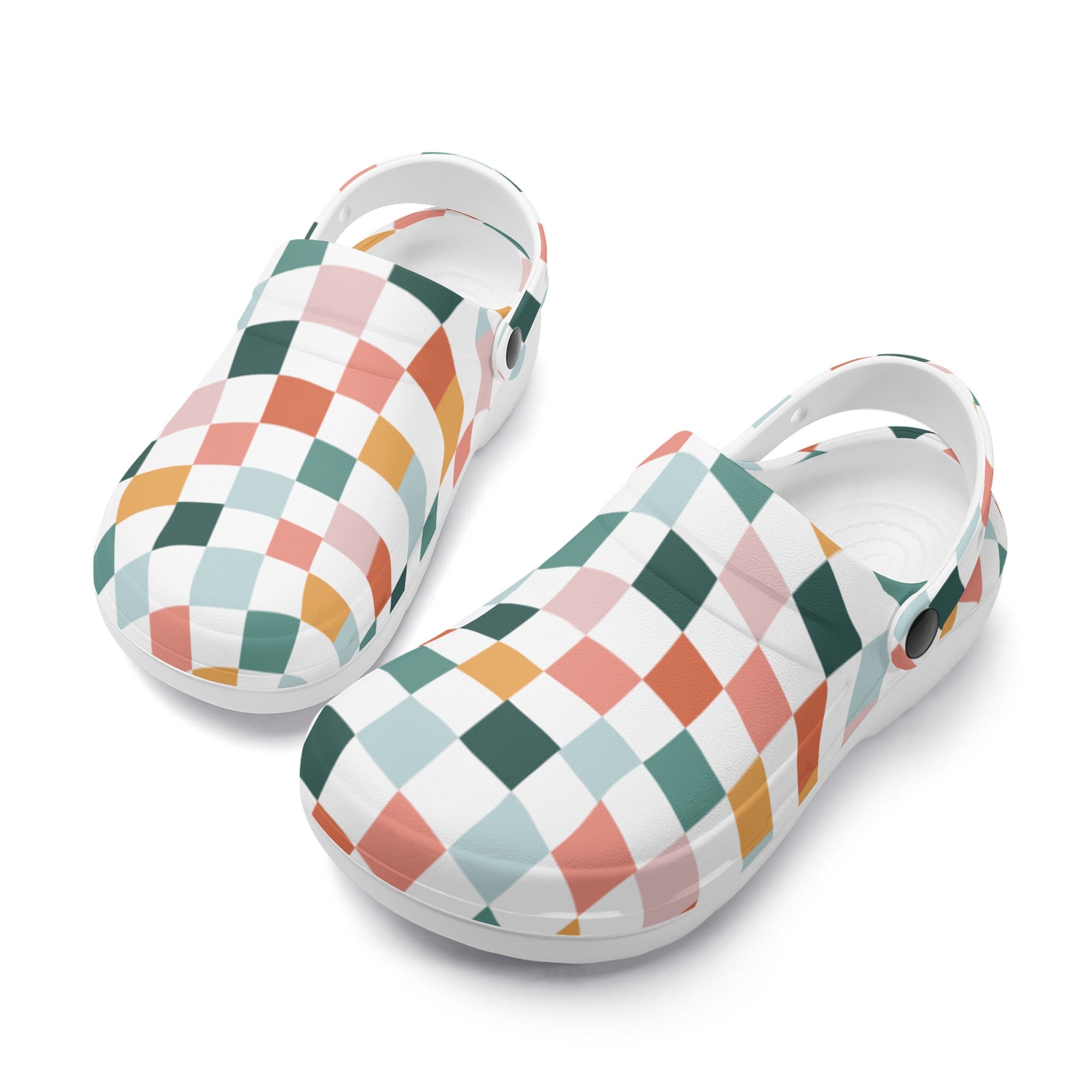 Pastel Checkered Print Womens Lightweight Nursing Slip On Clogs