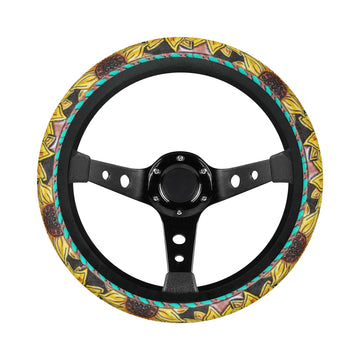 Sunflower and Tooled Leather Look (fabric) Car Steering Wheel Cover