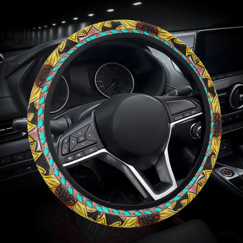 Sunflower and Tooled Leather Look (fabric) Car Steering Wheel Cover