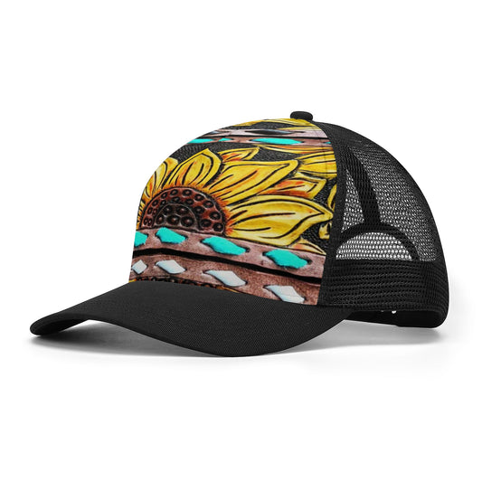 Tooled Leather and Sunflower print Mesh Baseball Caps