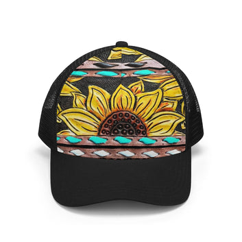 Tooled Leather and Sunflower print Mesh Baseball Caps